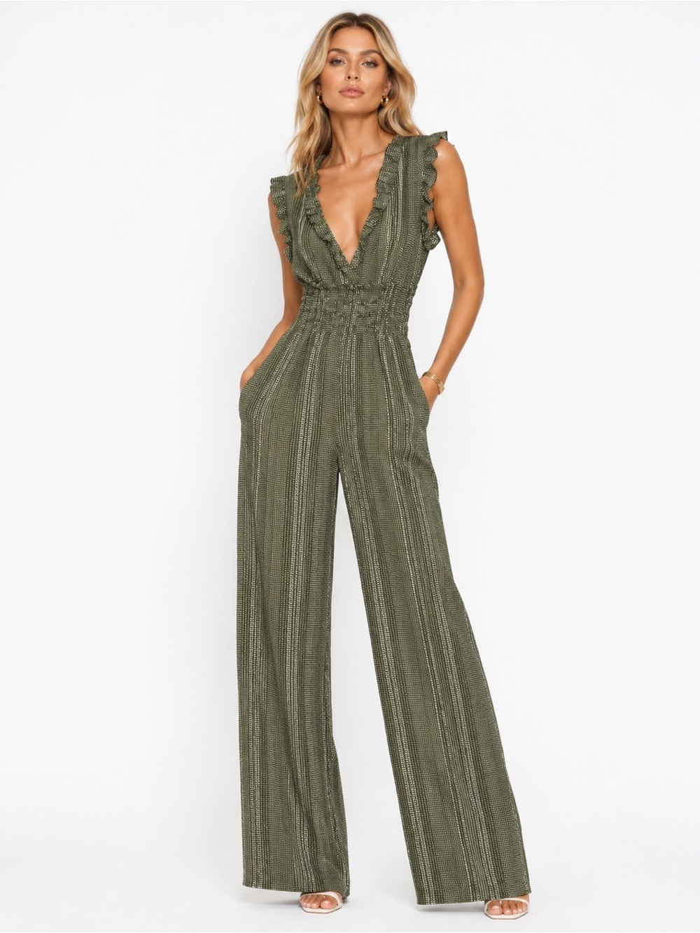 Blue Rain Olive Green & White Smocked Ruffle Wide Leg Jumpsuit Size Medium NWT
